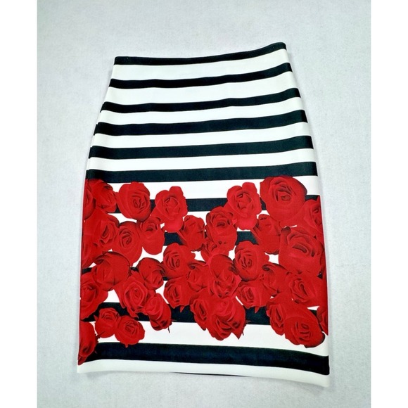 Joseph Ribkoff Dresses & Skirts - Joseph Ribkoff Pencil Skirt Women 4 Black White Stripe Red‎ Rose Floral Pull On